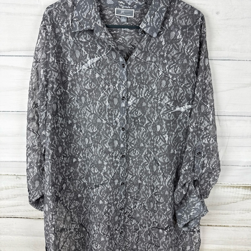JM Collection Gray shear Button Down Shirt - Picture 3 of 7